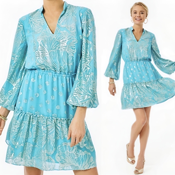 Lilly Pulitzer Nwot Joella Silk Mini Long Sleeve Metallic A Line Bermuda Blue 14 - Picture 2 of 16